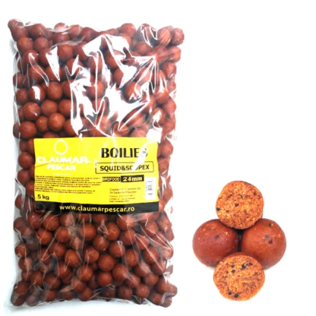 Boilies Claumar Birdfood Semi-Solubles Squid & Scopex 24mm 5 kg